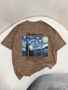 Camiseta de manga corta con cuello redondo, estilo de pintura al óleo artística de Van Gogh, estampado de teñido anudado, nueva llegada de verano, moda sencilla, camiseta versátil y de moda para mujeres - Marrón - Ver 2