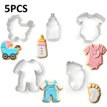 5PCS, 5 Different Shaped Cookie Cutters Made Of Stainless Steel Mold, Including: A Trolley, Baby Bottle, Baby Clothes, Bodysuit, And Baby Feet. Suitable For Making Cookies, Biscuits, Fondant Cookies, Etc. , For Repeated Use