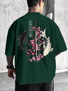 Unisex Japanese Style T-Shirt | Black And White Cherry Blossom And Koi Carp With Samurai Sword Design | Casual Loose Fit, Crew Neck, Comfortable Fabric, Ideal For Spring And Summer - 綠色 - 查看 3
