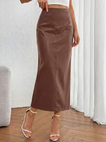 Women's New Fall Faux Leather Maxi Skirt, High Waist, Elegant Casual Pencil Maxi Skirt Slit Design New Years Valentine Vacation Skirt - màu nâu - Xem 1