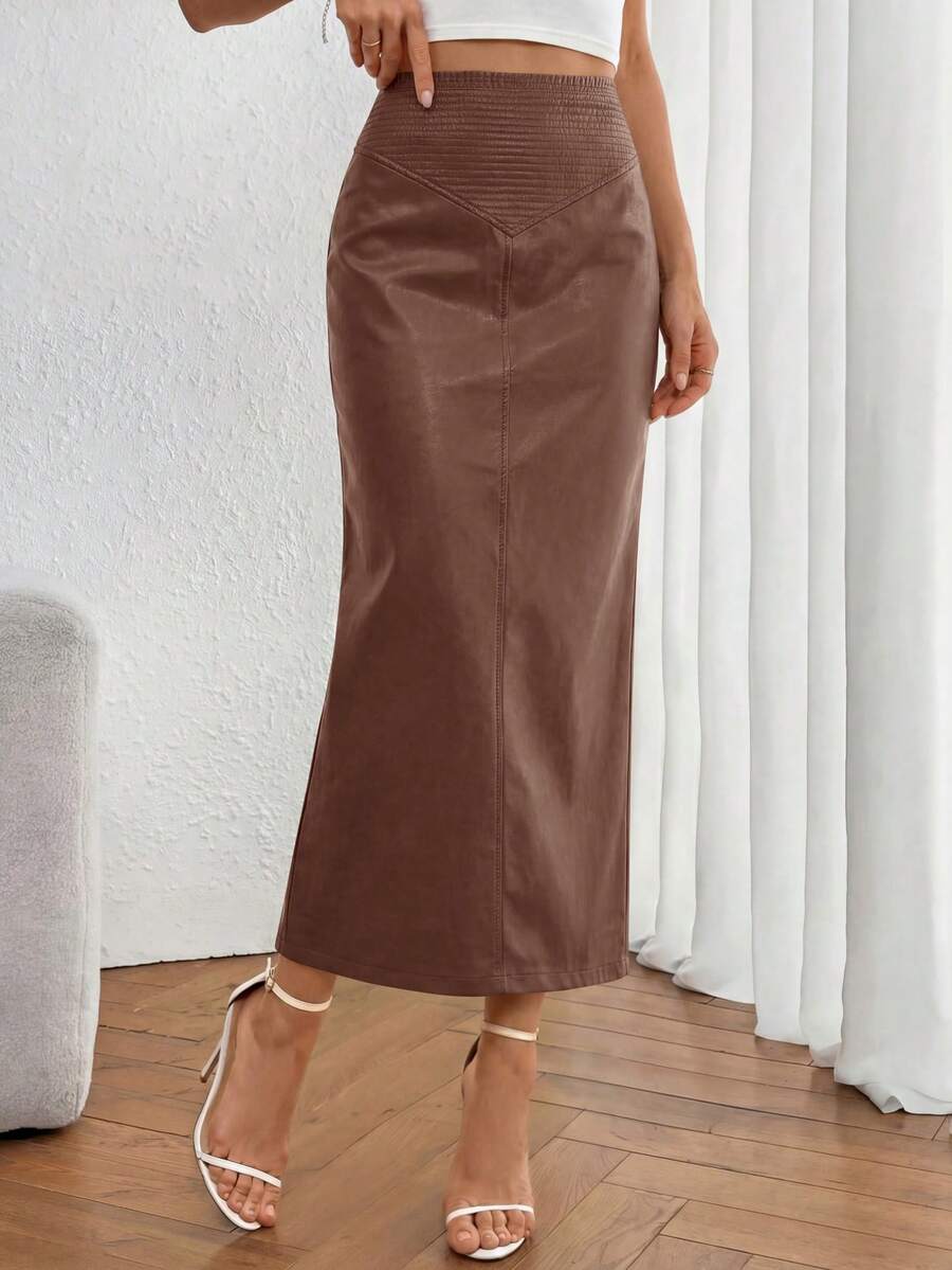 Women's New Fall Faux Leather Maxi Skirt, High Waist, Elegant Casual Pencil Maxi Skirt Slit Design New Years Valentine Vacation Skirt - màu nâu - Xem 1