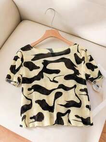 Women's Elegant Black & White Zebra Print Pleated Fabric Crew Neck Short Sleeve T-Shirt Crop Top Casual Vacation Going Out Top - Multicolor - View 2