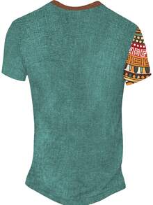 男士非洲印花绿色V领短袖亨利衫 - 透气夏季休闲半正式纽扣领，抗皱面料，适合度假、海滩、节日和日常穿着 - 可机洗，充满活力的绿松石色和大地色系，宽松版型，适合温暖天气，数码印花设计，适合休闲外出和海滩旅行 - 彩色 - 查看 3