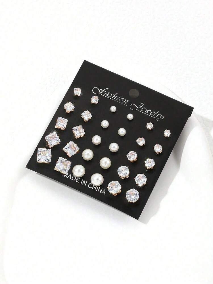 15pairs Cubic Zirconia & Faux Pearl Decor Stud Earrings - Multicolor - View 2