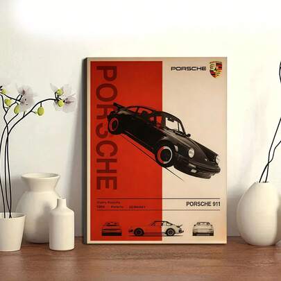 1pc Frameless Canvas Wall Art Poster - Classic Sports Car Close-Up, High Quality Fade-Resistant Printing, Vintage Car Decor, Suitable For Living Room, Bedroom, Office - Ideal Gift For Car Enthusiasts, Monochrome Design, 2D Flat