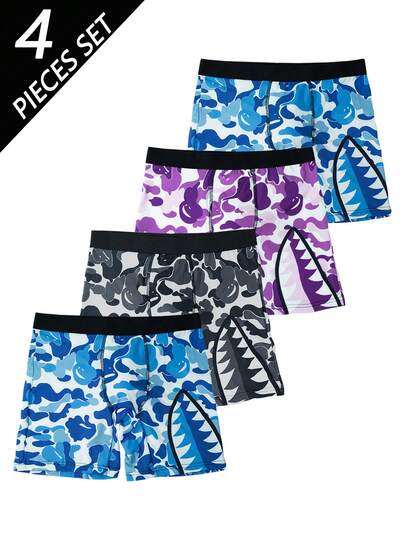 Set de 4 calzoncillos para hombre, bóxer largos con estampado de dientes de tiburón camuflaje, bóxer deportivos de secado rápido, calzoncillos estampados de moda para hombre, shorts de bóxer largos cómodos y de talla grande para hombre, ropa interior innovadora para hombre, regalo sorpresa para el esposo, regalo de Navidad para el novio, bóxer, regalo de Halloween para el novio