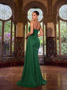 Faeriesty Women's Elegant One-Shoulder Ruched Formal Evening Dress, Featuring High Slit And Ruffle Hem Design, Suitable For Formal Galas, Red Carpet Events, Banquets, Luxury Dinners And Grand Celebrations Wedding Spring Party - Dark Green - View 2