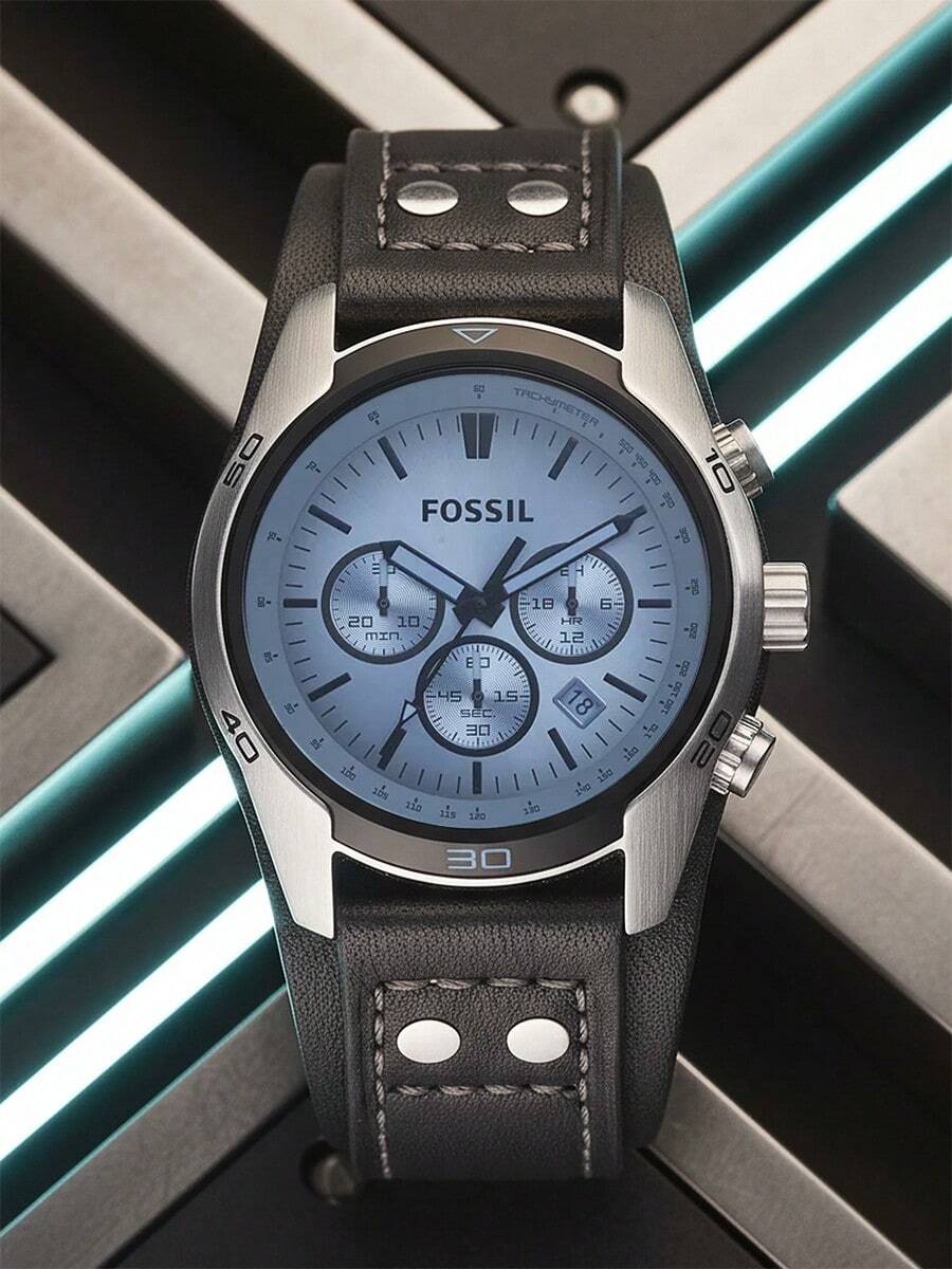 Fossil 男士腕表，男士运动腕表，宽版黑色铆钉皮表带，独特冰蓝色表盘计时腕表，大表盘腕表。CH2564 - 藍色 - 查看 1
