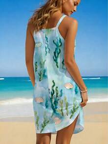 Vestido corto de verano elegante para uso diario y vacaciones, con estampado de algas y conchas para mujer - Multicolor - Ver 2
