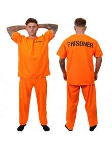 一套成人角色扮演囚服，包含上衣和裤子 - 亮橙色 - 查看 1
