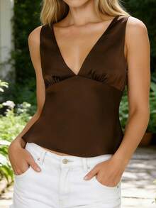 Womens Satin Tank Tops  Sleeveless Deep V Neck Solid Color Tops Slim Fit Shirts - Khaki - View 3