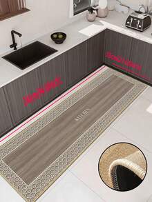 1pc Soft Rubber Linen Kitchen Mat, 3.5mm Thick Kitchen Rug, Main Body Blends Wood Grain Texture And Classic Chinese Water Wave Border, Prominent "KITCHEN" Text In Center - Multicolor - View 13