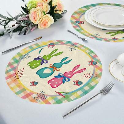 2/4/6/8/16pcs Flower, Round, Green, Blue, Pink, Purple Rabbit, Bow, Egg, Leaf Easter Happy Placemats, Seasonal Spring Table Mats, Suitable For Party, Kitchen, Dining Room Decor