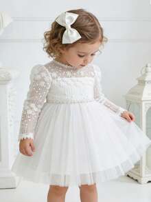 Baby Girl Long Sleeve Elegant Tulle Princess Dress Flower Embroidery Toddler Girl Specail Occasion Gown Perfect For Party, Wedding,Birthday - trắng - Xem 1