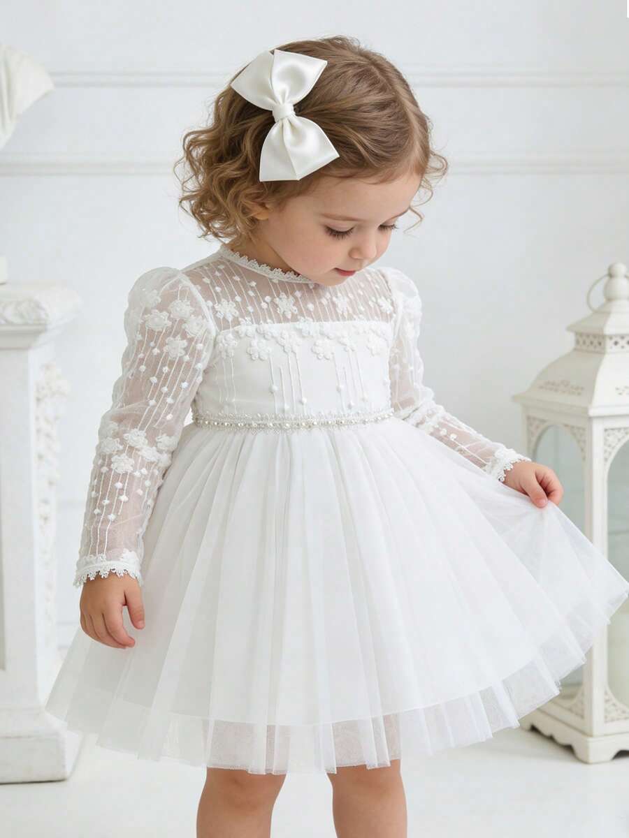 Baby Girl Long Sleeve Elegant Tulle Princess Dress Flower Embroidery Toddler Girl Specail Occasion Gown Perfect For Party, Wedding,Birthday - trắng - Xem 1