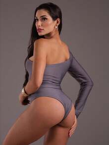 J.A.B.I Modas Women's Long Sleeve One Shoulder Bodysuit - 灰色 - 查看 2