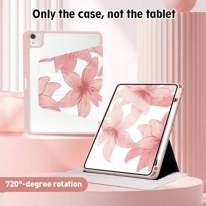 1个花卉图案翻盖平板电脑保护套，带笔槽、720度旋转支架、PU皮革材质，具备自动休眠/唤醒功能，兼容华为、荣耀、苹果等平板电脑品牌，适合返校季、情人节等场合。