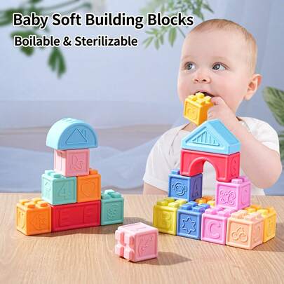 Soft Rubber Building Blocks Set For 0-3 Years Old Infants & Toddlers, New Design | Extra Large Size Anti-Choking | Squeezable & Stackable Educational Toys | Chewable & Boilable | 12/20/32/40/48/60 Pcs | Perfect Baby Gifts For Back To School, Halloween & Christmas