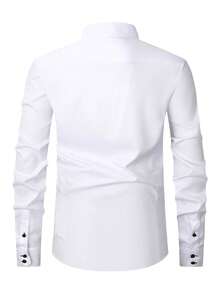 Men's Business Formal Shirt, Pointed Collar Double Button Design, Contrast Black Button Detail, Wrinkle-Resistant Long Sleeve Shirt, Professional Office Wear, Classic Versatile Men's Clothing - White - View 4