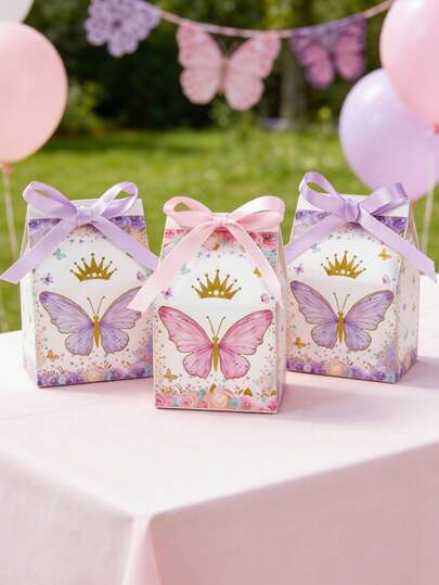 12个粉紫色蝴蝶礼盒，带丝带，房屋造型礼品袋，女孩生日派对礼品包装盒，婴儿派对礼品包装用品，新娘送礼会/婚礼甜巧克力糖果盒，新生儿派对糖果袋，性别揭晓派对回礼袋，蜜月宝宝派对餐桌装饰，一周岁生日派对用品，婴儿派对装饰，性别揭晓派对装饰，婚礼装饰，生日装饰，生日礼物，蝴蝶主题派对装饰，派对礼品袋填充物