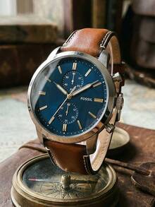 Fossil Men's Quartz Watch, Deep Blue Dial, Light Brown Leather Strap, Business Casual Style, Suitable For Daily Work And Other Occasions - Light Brown - View 3