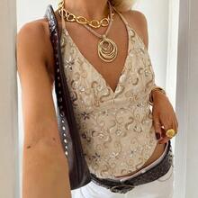 Summer Fashionable Sexy V-Neck Low-Cut Beaded Embroidery Design Spaghetti Strap Tie Strap Camisole For Women Casual Vacation - Champagne - View 7