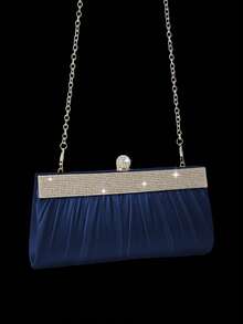 Luxury Rhinestone Clutch Evening Bag, Elegant Ladies' Party Chain Bag, Rhinestone Jewelry Set With Sparkling Necklace, Earrings, And Bracelet, Ladies' Prom Detachable Metal Chain Wedding Party Shoulder Bag, Suitable For Parties, Dinners, Gatherings, And Proms - Navy Blue - View 6