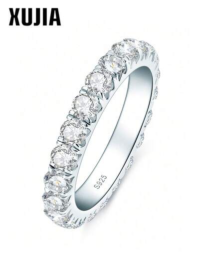 XUJIA 925 Sterling Silver 3mm Round Cut AAAAA+ Cubic Zirconia Eternity Ring, Anniversary Engagement Ring, Stackable, Jewelry Gift For Women