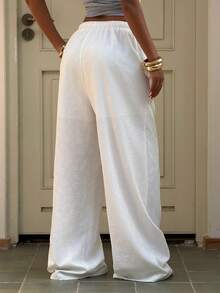 Y2K Style Women's White Straight Jacquard Casual Pants, Suitable For Daily Casual And Work Commute, Wear In Spring - White - View 2
