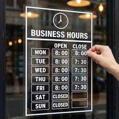 1 套营业时间橱窗贴纸 - 透明防紫外线商店营业时间贴纸，自粘式开/关门标志，适用于玻璃门窗
