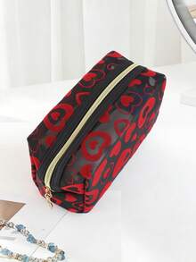 1pc New Heart-Shaped Mesh Cosmetic Bag, Black Minimalist Organizer Pouch, Multi-Functional Toiletry Bag, Suitable For Makeup, Travel, Daily Use - Red - View 5