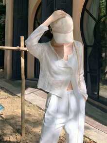 女士轻薄透视长袖短款罩衫，休闲薄针织透视罩衫 - 白色 - 查看 4