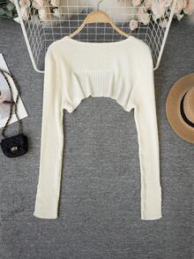 Chill Style Cropped Knit Cardigan, Women's Spring/Summer Shrug Bolero, New Arrival Long Sleeve Button Detail Top For Layering - Apricot - View 7