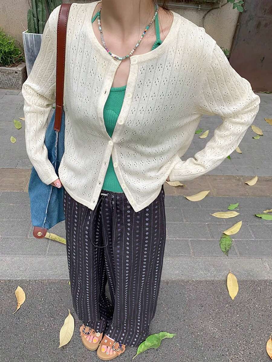 休闲简约镂空针织开衫，修身短款防晒外套，女士春夏款 - 杏色 - 查看 1