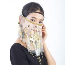 一件手工雪纺面纱，配有垂坠金属硬币和弹力发带，肚皮舞服装套装，含亮片纱丽裙，适合节日派对、夜店、海滩装饰、波西米亚复古风格 - 彩色 - 查看 20