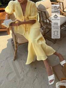 2pcs Linen Casual Elegant Vacation & Daily Wear Outfits, Casual Dresses, Casual Women Outfits, Summer Holiday Outfits, Elegant Women's Set - Yellow - View 5