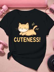 Women's T-Shirt With Cat Graphic Print, Quality Fabric, Street Hip Hop Style, Comfortable, Durable And With Artistic Print. - 黑色 - 查看 2