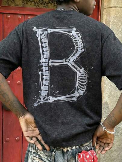  Fractyr 男士时尚休闲街头摇滚嘻哈宽松短袖T恤 | 英文字母和骷髅脊椎印花 | 精致设计 | 春夏必备 | 基本款，复古百搭，易于穿着，水洗棉面料 | 送朋友的最佳礼物 | 展现你的独特个性