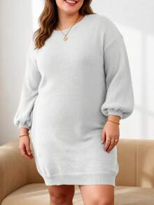 Women's Light Gray Ribbed Lantern Sleeve Sweater Dress, Casual - Light Grey - View 10