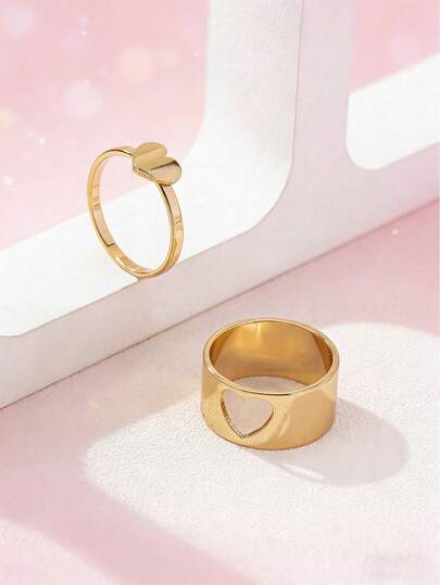 2 piezas Anillos de pareja minimalistas de metal hueco con forma de corazón, adecuados para novia, regalo de moda para fiesta, uso en interiores y oficina