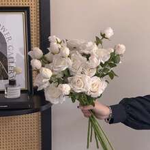 10pcs 54cm/21.26in Artificial Baked Edge Dried Austin Roses - Real Touch Polyester Fake Flowers For Vase Wedding Home Decor, Valentine's Day Mother's Day Gift, 2 Blooms 1 Bud Per Stem - 白色 - 查看 4
