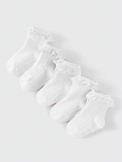 1/5 Pairs Baby Girls' White Spring/Summer Socks, Cute Anti-Slip Lace Trim Short Socks, Soft & Comfortable, Breathable, Suitable For Holidays, Gifts, Or Daily Wear/Valentine's Day Outfit