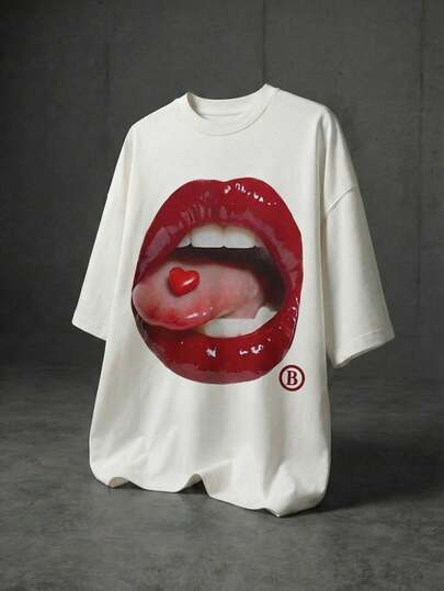 Men's Red Lip & Heart Candy Graphic T-Shirt, Casual Street Y2K Aesthetic, White, Suitable For Valentine's Day