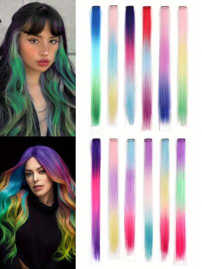 20-Inch Clip-On Ombre Tri-Color Gradient One-Piece Long Straight Hair Extensions, Suitable For Parties, Festivals And Music Events