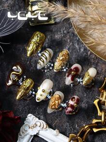 10pcs Fake Nails Press On Almond French Tip,White Fingertip,Nude,Natural Looking,Gold Bean, 3D Three-Dimensional Decoration Flower,Element,Angel,Vanity Full Coverage Fake Nails Press On Handmade,Nail Supplies Art Suitable For Women And Girls, Suitable For Party, Wedding, Daily Wear, Includes Tool Kit, Great Gift For Women & Girls Nail Supplies Nails Handmade Press On Nails - Gold - View 2