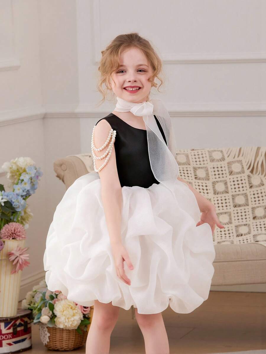 Đầm dạ hội màu trắng lưới đính ngọc trai thanh lịch cho bé gái, đầm công chúa, đầm đen, thích hợp cho tiệc sinh nhật, tiệc chiêu đãi, váy phù dâu đám cưới, váy tốt nghiệp, dạo chơi thường ngày. - màu đen - Xem 1