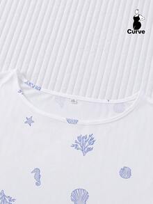 2pcs Set White Base Minimalist Ocean Summer Elements Blue Seahorse Shell Conch Coral Starfish Print Sleepwear Set For Women, Comfortable Short Sleeve Round Neck Pullover Shirt And Elastic Waist Shorts, Stylish For Outdoor, Indoor, All Seasons - 白色 - 查看 7