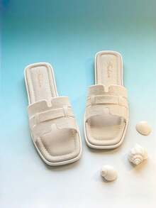 Chinelos Femininos, Sandálias Femininas, Chinelos de Plástico, Sandálias Tipo Slip-On com Estampa Paisley Tie-Dye, Básicas de Moda para Férias, Vazadas com Letra, Sandálias Planas de Dedo Aberto para Praia, Slides Casuais Versáteis de Verão, Decoração com Cinto da Moda, Minimalista, Adequadas para Passeios Diários, Festivais, Festas, Casa, Chinelos, Sandálias, Sandálias Femininas, Sapatos Brancos, Xadrez, Slip-On, Praia, Calçados de Praia, Chinelos - Branco - Visão 3