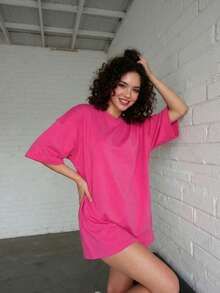 Women's Loose Fit Round Neck Short Sleeve Long T-Shirt, Casual Minimalist Elegant Sexy Street Y2K Style, Spring/Summer - Hot Pink - View 5