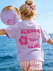 Tween Girl Hibiscus Flower Print T-Shirt, Soft And Comfortable Fabric, Suitable For Girls To Wear For Travel, Vacation, Outdoor Sports, Daily Wear, Casual Travel, Best Choice! Fashionable Tween Girls Casual Versatile Top For Spring And Summer - Mauve Purple - View 3
